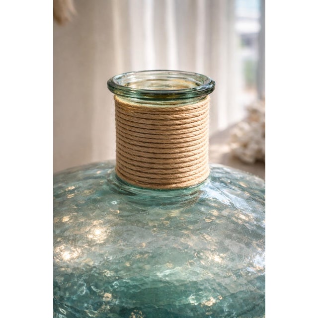 Aqua Large Aqua Recycled Glass Demijohn Vessel With Twine-Wrapped Neck – 17” Mediterranean Coastal Bottle For Sale - Image 8 of 9