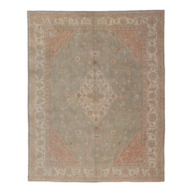 Large Antique Turkish Oushak With Medallion in Green and Pink 13'4 X 16'4 For Sale