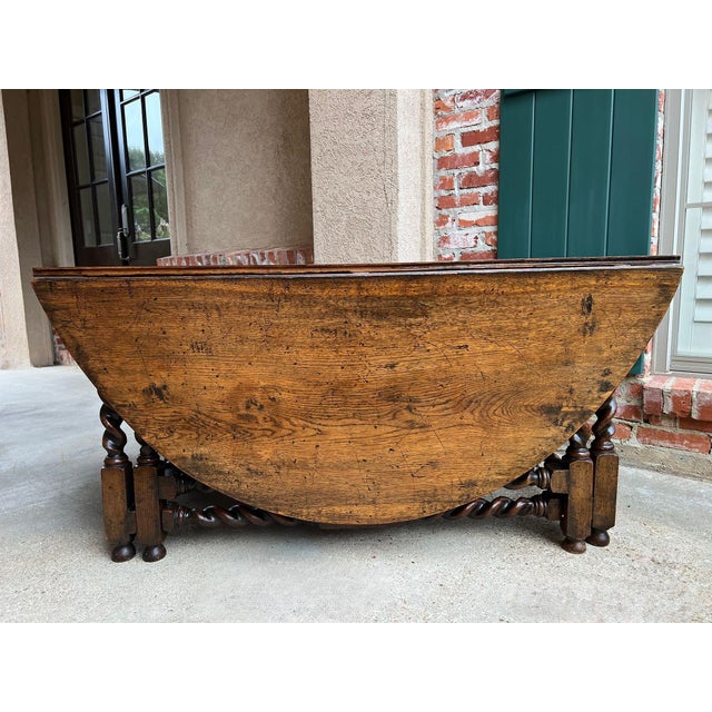 Late 19th Century Antique English Wake Dining Table Drop Leaf Barley Twist Jacobean Oak Console For Sale - Image 5 of 18