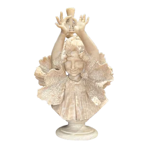 Antique Italian Carved Alabaster and Marble Bust of Young Girl by Antonio Frilli