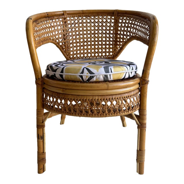1970s Rattan Chair With Patterned Cushion For Sale