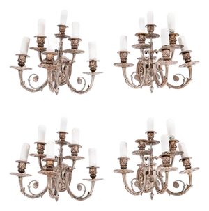 Antique Louis VI Revival Silver Plated Six Branch Wall Lights, 1900s, Set of 4
