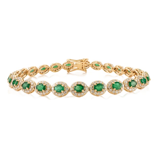 3.24ct Natural Zambian Emerald & 1.83ct Diamond Halo Tennis Bracelet in 14k Gold For Sale