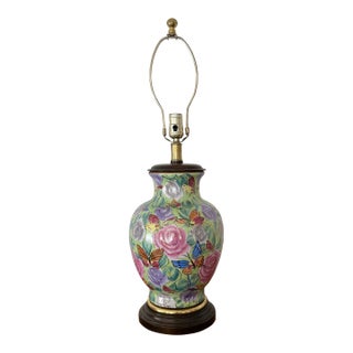 Vintage 1990's Frederick Cooper Floral Butterfly Ceramic Urn Jar Table Lamp For Sale