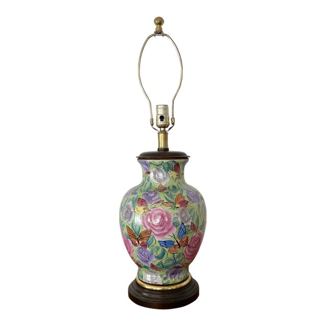 Vintage Frederick Cooper Urn Style Lamp With Floral and Butterfly Design For Sale