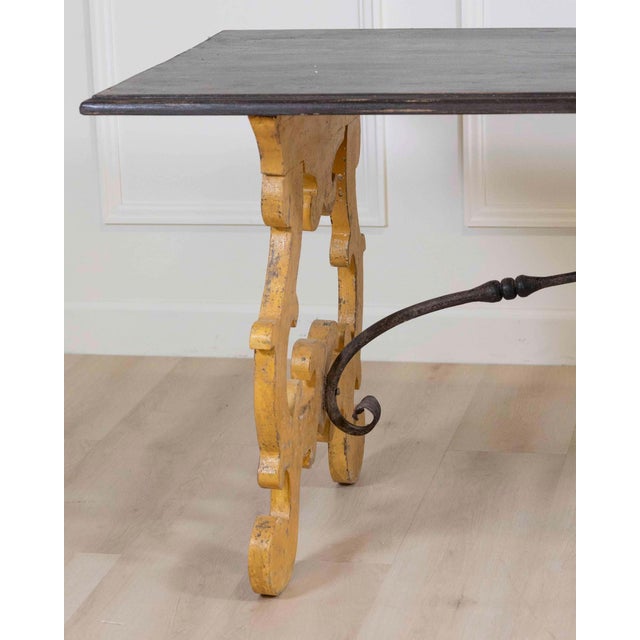Wood 19th Century Large Italian Lacquered Lyre Table in Siena Yellow and Dark Brown For Sale - Image 7 of 8
