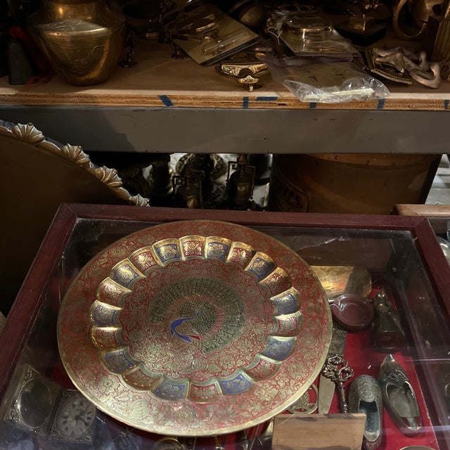 Vintage Brass Tray With Red Peacock Accents For Sale - Image 4 of 4