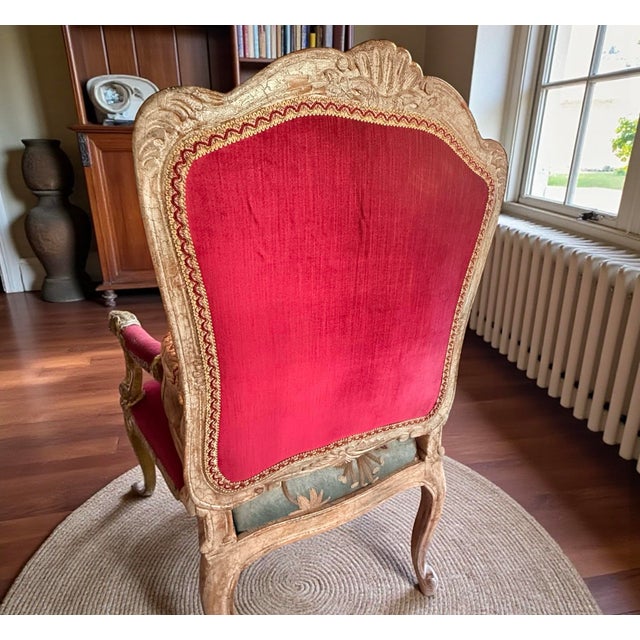 Sky Blue Set 4 Vintage Massay France Import Embroidered Velvet Fabric Dining Chairs For Sale - Image 8 of 12