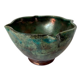 Vintage Studio Verdigris Pinch Pottery Bowl- Signed For Sale