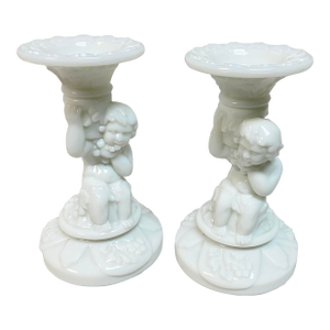 Cherub Milk Glass Candle Stick Holders - A Pair