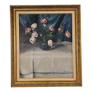Antique Oil on Canvas Roses Still Life- Signed Pentelei-Molnar For Sale