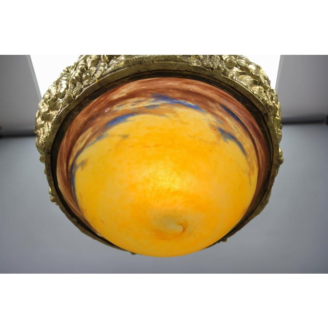 Art Deco French Brass Chandelier with Yellow Pâte De Verre Glass by Degué, 1930s For Sale - Image 13 of 18
