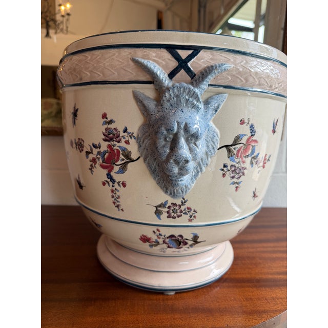 1970s Vintage Chinoiserie Ceramic Cachepot Planter With Relief Ram Head Handles For Sale - Image 5 of 7