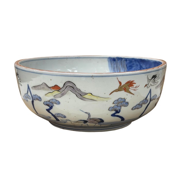 Ceramic 9.5" Asian Style Longevity Cranes Cloud Painted Porcelain Art Bowl For Sale - Image 7 of 14