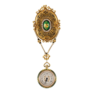 Antique Victorian Yellow Gold Rose Cut Enamel Brooch Montreux Pocket Watch Set