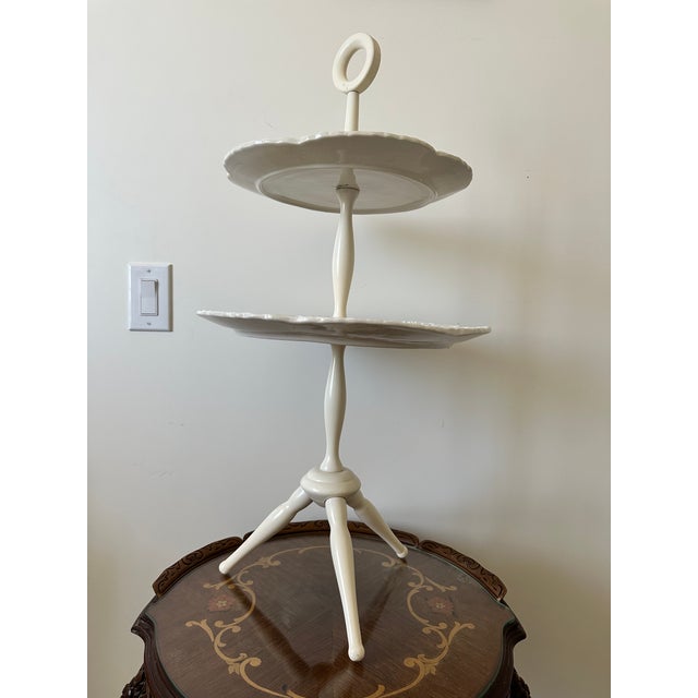 Victorian Elegant Vintage White Two Tier Ceramic Serving Stand For Sale - Image 3 of 10
