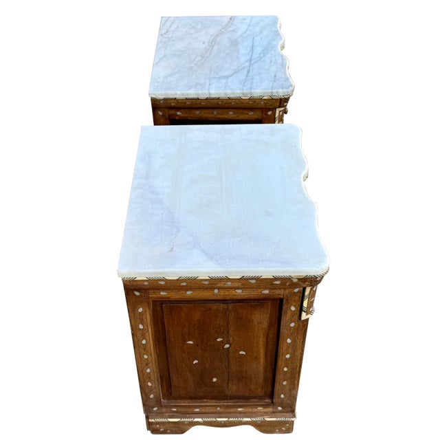 Mid 20th Century Pair of Mid 20th Century Mother of Pearl Inlaid Nightstands With Marble Top For Sale - Image 5 of 6