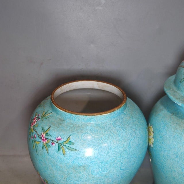 Turquoise Pair of Chinese Enameled Porcelain Temple Jars | Turquoise Ground Pheasant & Floral Motif For Sale - Image 8 of 9