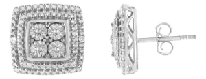 .925 Sterling Silver Diamond Accented Square Shaped Milgrain Stud Earrings (I-J Clarity, I3 Color) - 2 Pieces