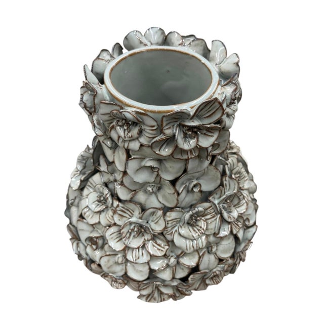 2000 - 2009 Vintage Italian Hand-Crafted Encrusted Floral Ceramic Vase For Sale - Image 5 of 12