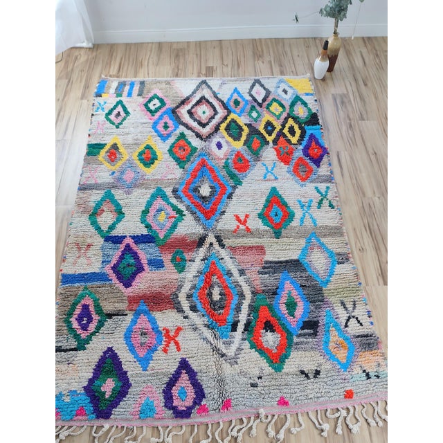 Multicolor Diamond Handwoven Wool Moroccan Boujaad Rug For Sale - Image 4 of 12