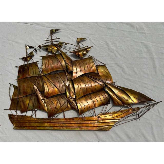 Curtis Jere Brutalist Flame Torch-Cut Copper Metal Schooner Ship Wall Sculpture Art For Sale - Image 4 of 10