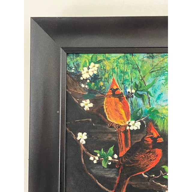 Folk Art Vintage Cardinal Landscape Painting by Lou Kelley For Sale - Image 3 of 11