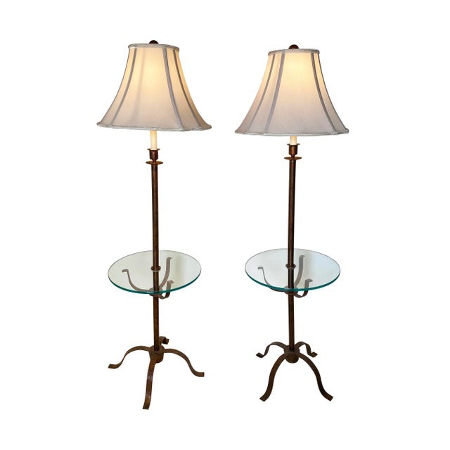 Fabulous pair of tray table floor lamps! Hand-forged metal in warm bronze-and-copper finish with gently flared cream-silk...