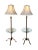 Fabulous pair of tray table floor lamps! Hand-forged metal in warm bronze-and-copper finish with gently flared cream-silk...