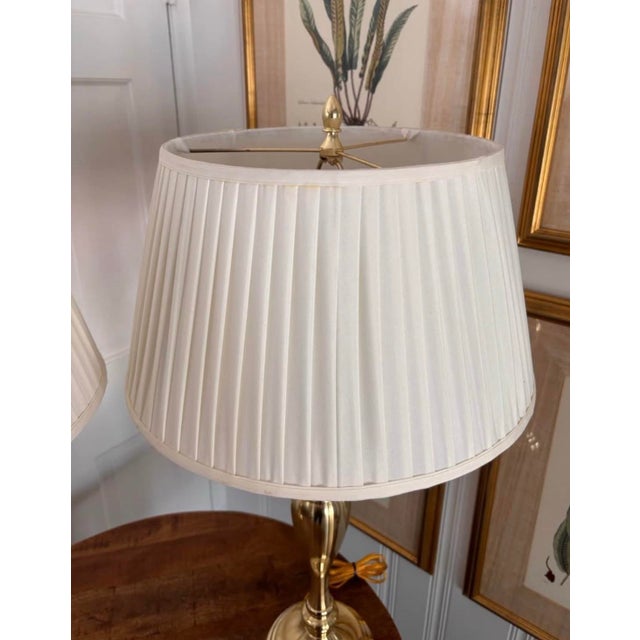 Vintage Tall Heavy Brass Three Arm Bouillotte Lamps With Creamy Off White Pleated Shades - a Pair For Sale - Image 9 of 10