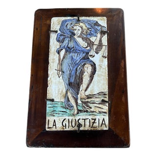 Vintage Italian Artist Signed Ceramic Tile of Lady Justice La Giustizia, Framed For Sale