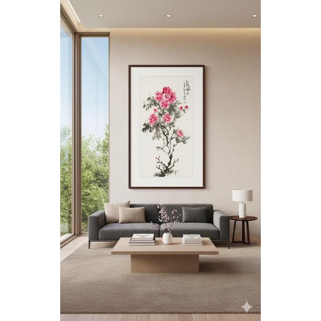 An elegant original Chinese ink painting titled “Red Blossoms in Fragrant Bloom” (《红艳飘香》). Artist name: Xu Ling Delicate...