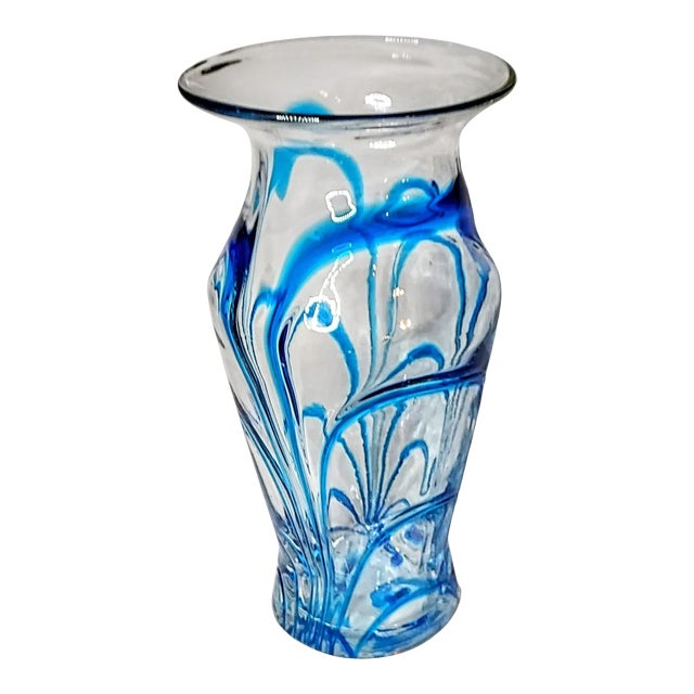 1980s Laser Blue Fused Hand Blown Glass Vase For Sale