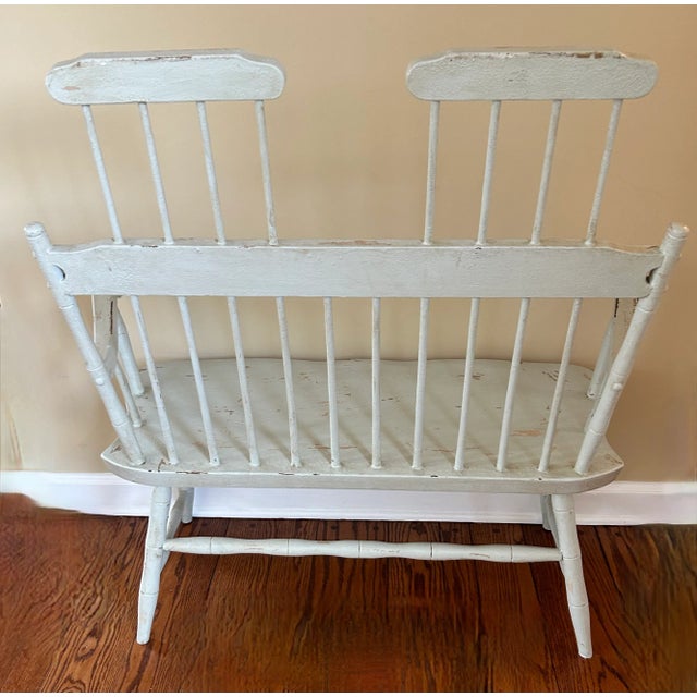 Wood French Country Distressed Toile High Back Bench For Sale - Image 7 of 9