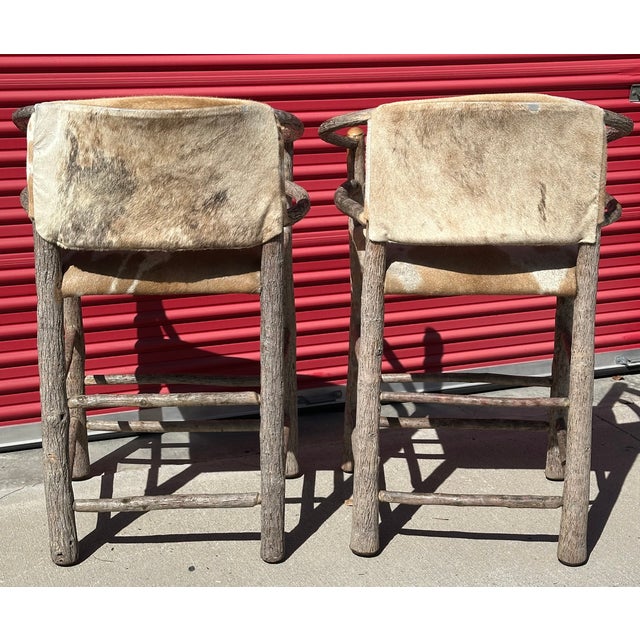 Rustic Hoop Arm Hand-Carved Twig Barstools With Pony Skin - Pair For Sale - Image 9 of 10