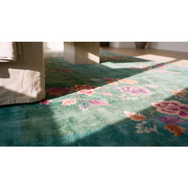 1920s Green Floral Modern Antique Chinese Art Deco Rug 8' 8"x11' 4" Handknotted Wool Carpet For Sale - Image 14 of 16