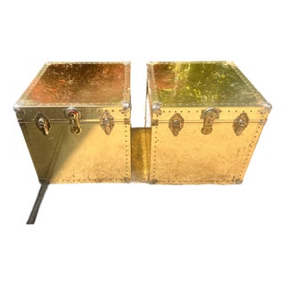 Vintage Pair 1970s Large Brass Cedar Lined Storage Trunk Styled After Sarried For Sale