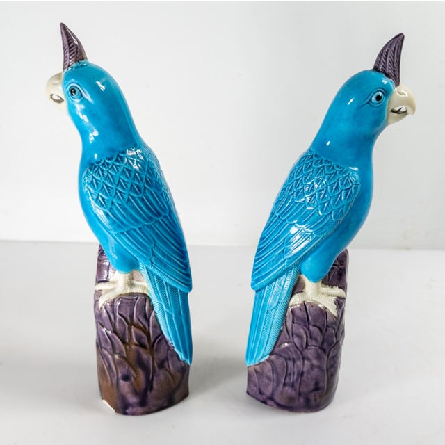 20th Century Pair of Chinese Chinoiserie Turquoise Blue and Purple Parrot Figures For Sale In New York - Image 6 of 13