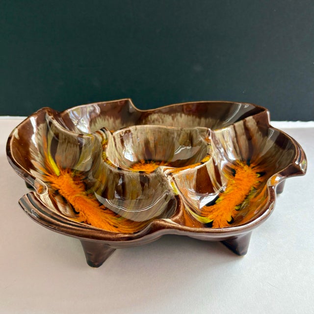 Mid-Century Modern 1960s Mid-Century Modern California Pottery Orange & Brown Drip Glaze Divided Serving Dish For Sale - Image 3 of 9