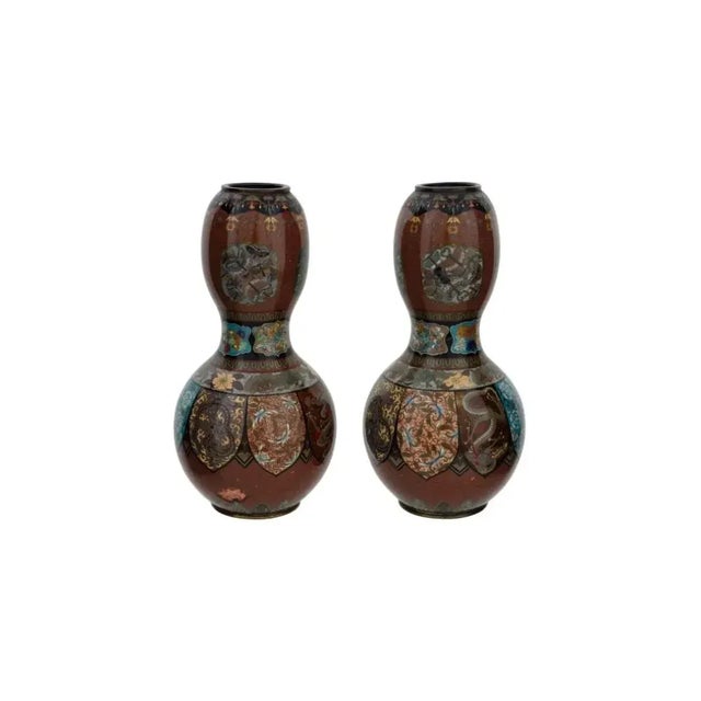 Pair of Late 19th Century Japanese Cloisonne Goldstone Enamel Double Gourd Dragon Vases For Sale - Image 4 of 8