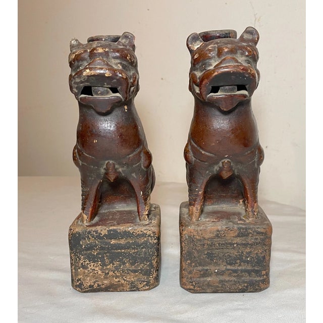 Antique Handmade Late Ming Dynasty 1600's Pottery Foo Lion Oil Lamps Sculptures For Sale - Image 4 of 13