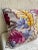 Beautiful pillow appearing to have been made not long ago using vintage tropical barkcloth fabric, with a Pottery Barn...