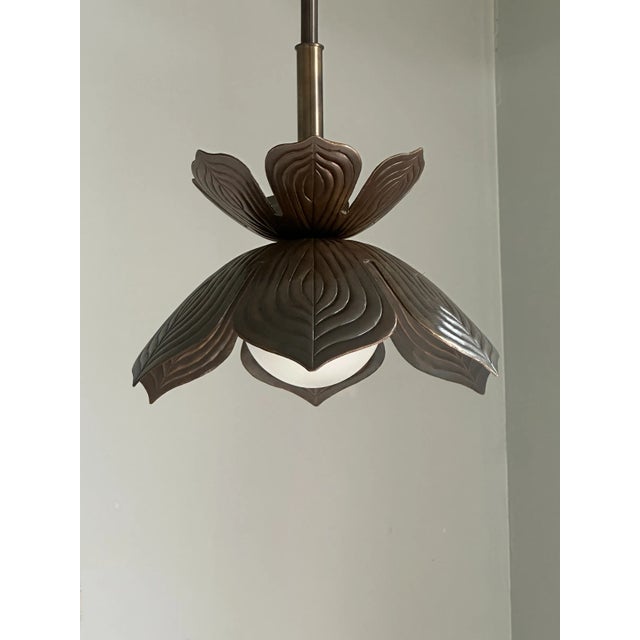 Handmade Brass Flower Pendant Light - Botanical Ceiling Fixture With Frosted Globe For Sale - Image 4 of 8