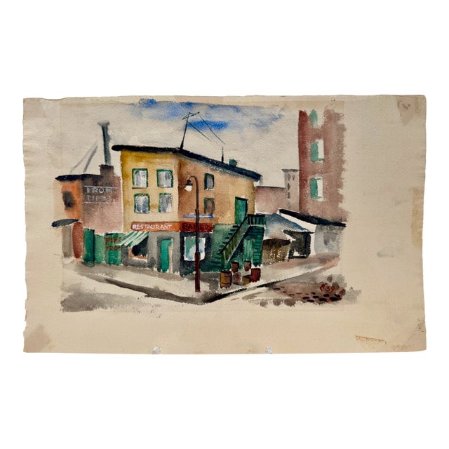 Henry Emil Salloch Original Watercolor on Paper Urban Street Scene, 1939. For Sale