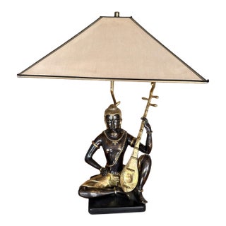 Late 20th Century Art Deco Bronze Statue Lamp With Gold-Tone Shade For Sale