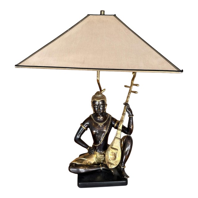 Late 20th Century Art Deco Bronze Statue Lamp With Gold-Tone Shade For Sale