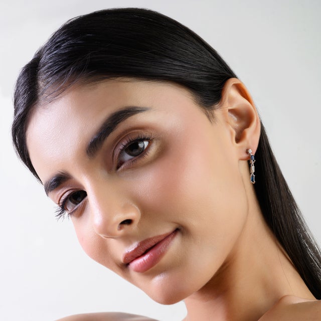 925 Sterling Silver Sapphire & Diamond Baguette Cut Linear Drop Earrings- 2 Pieces For Sale - Image 4 of 9