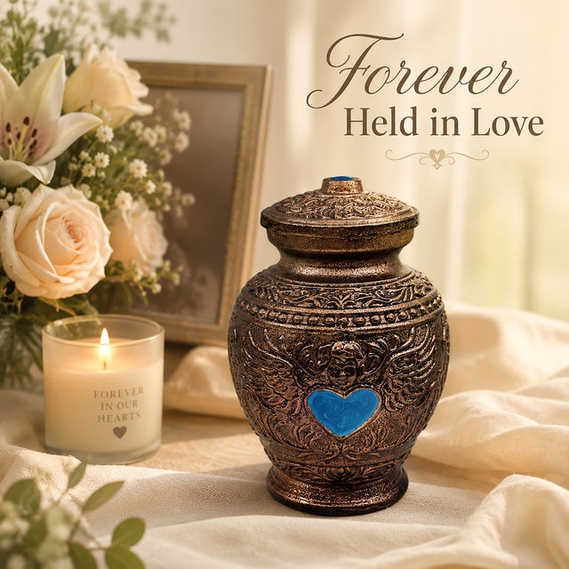 Not Yet Made - Made To Order Aura Angel Wings Turquoise Heart Keepsake Cremation Urn Metal Antique Copper Finish For Sale - Image 5 of 9