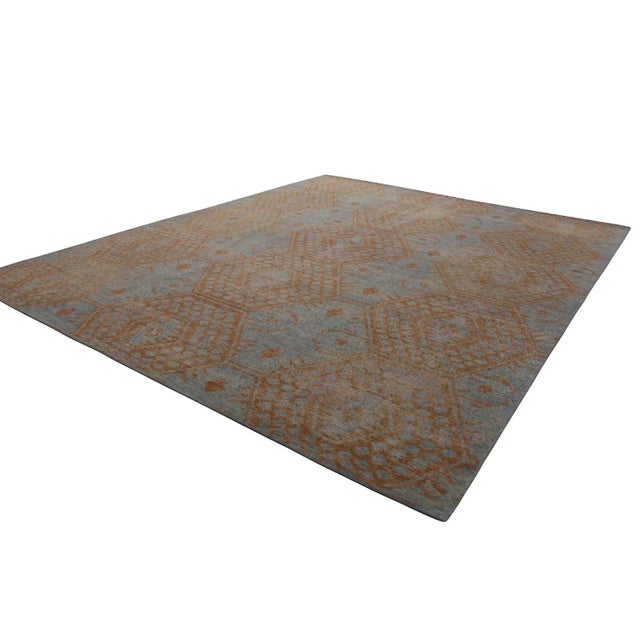 Tribal Rug & Kilim’s Oversized Honeycomb Rug in Blue and Burnt Orange, 12x15 For Sale - Image 3 of 6