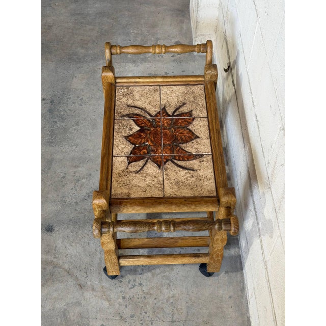 Brown Vintage Danish Oak Bar Cart Tea Trolley With Ceramic Tile Top Mid Century Modern For Sale - Image 8 of 10